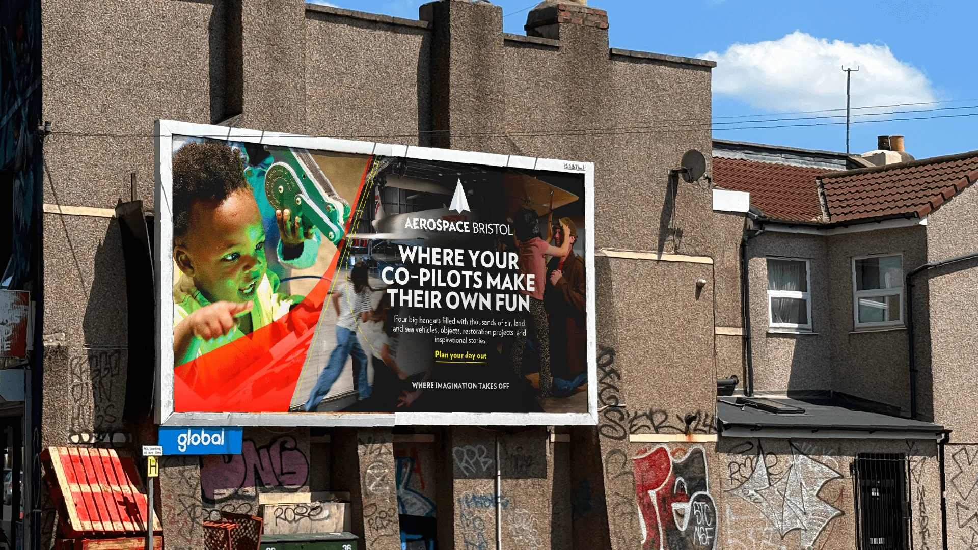 Billboard with our Aerospace Bristol campaign, with a caption saying "Where your co-pilots make their own fun"
