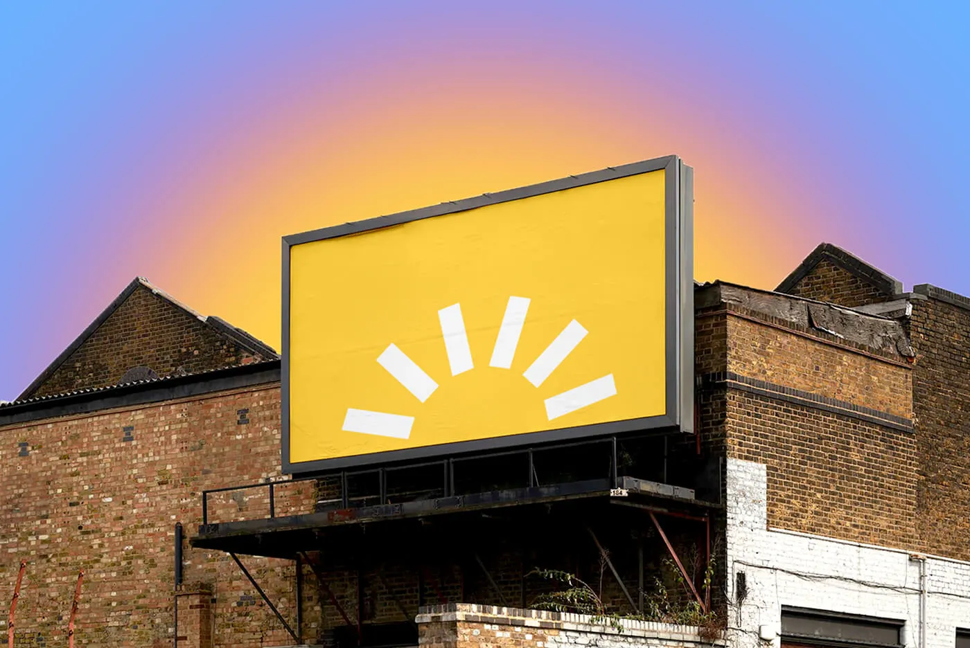 A billboard showing a graphic of the sun rising