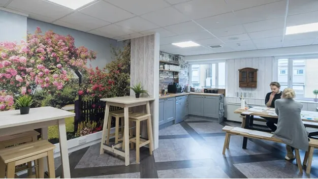 FutureKings Bristol office showing a kitchen and break out space.